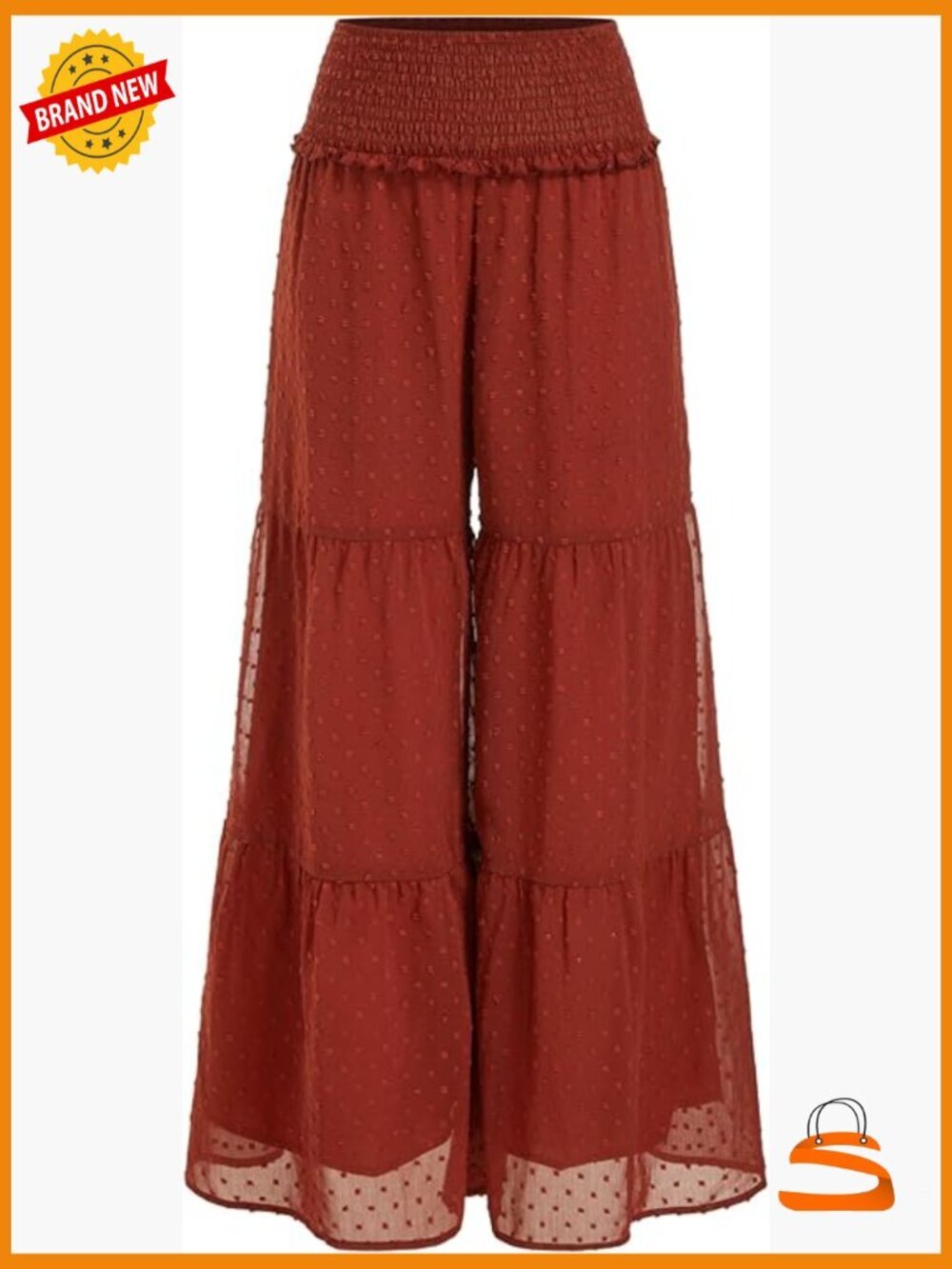 Wide Leg Palazzo Pants Elastic Waist Ruffled Hem Flowy Boho Summer